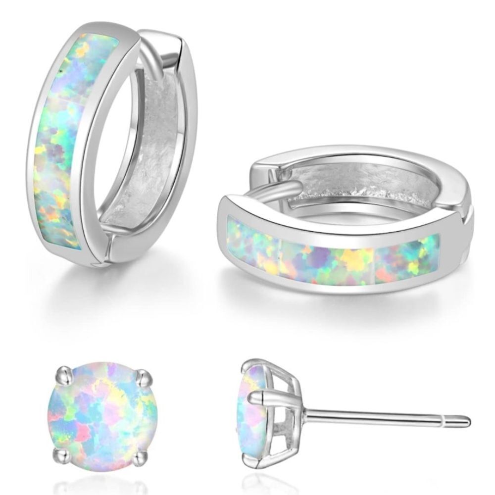 14K White Gold with Genuine White Fire Opal Huggie and Stud Earrings Set of 2